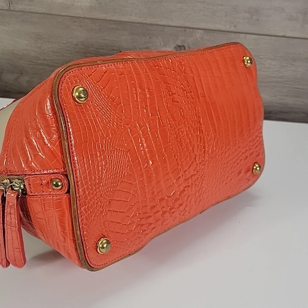 Brahmin Cream/Orange Croc Embossed Leather Dome Satchel Bag